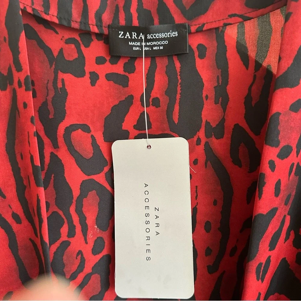 NWT Zara Animal Print Deep V Plunge Draped Wrap Long Sleeve Bodysuit Red Black L - Picture 15 of 16